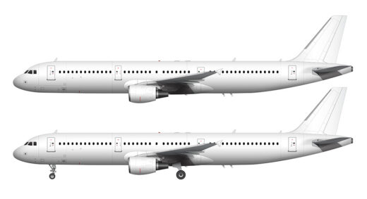 A side profile illustration of an all white Airbus A321 with cfm56 engines over a blank background with and without the landing gear deployed