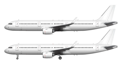 Side profile illustration of a white Airbus A321 NEO with Pratt & Whitney engines over a blank background with and without the landing gear deployed