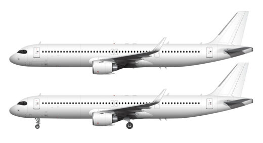 Side profile illustration of a white Airbus A321 NEO LR (Long Range) with CFM LEAP 1A engines over a blank background with and without the landing gear deployed