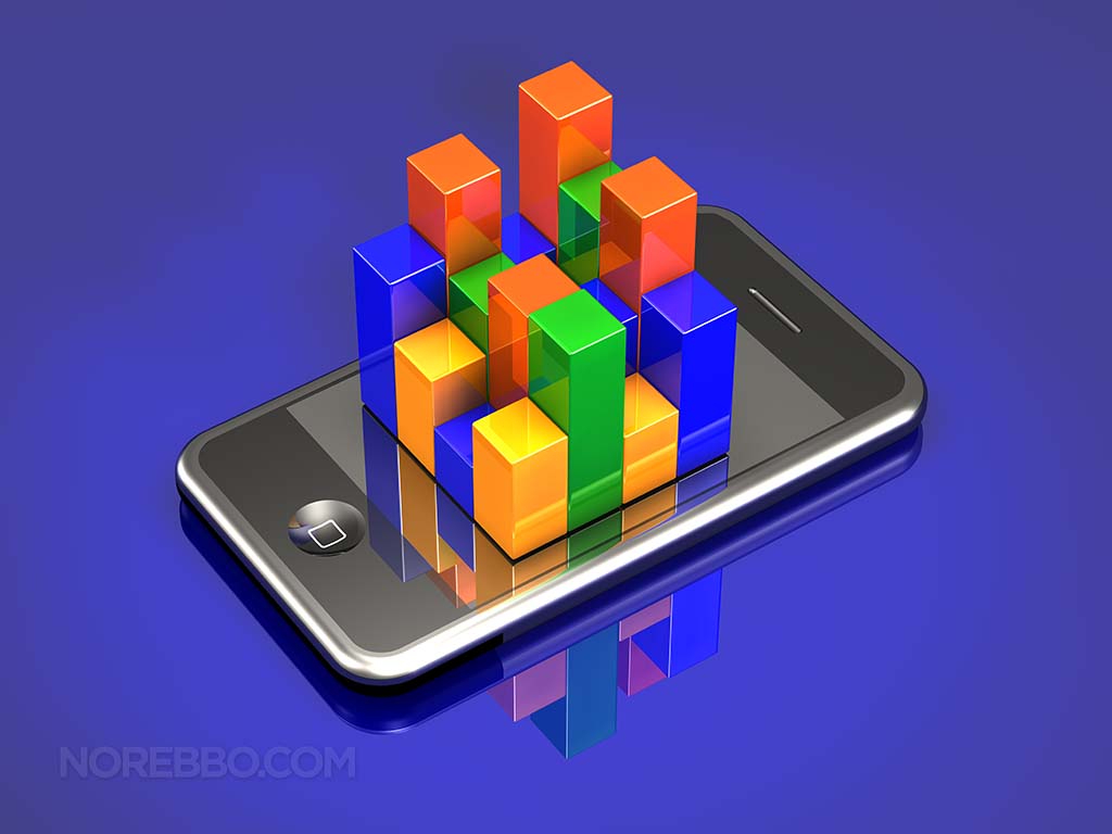 3d illustration of a multi-colored bar chart placed on top of an iPhone 3Gs