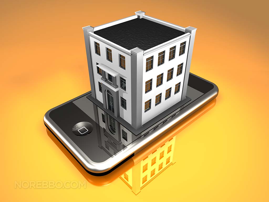 A simple white three-story office building sitting on top of an iPhone 3Gs
