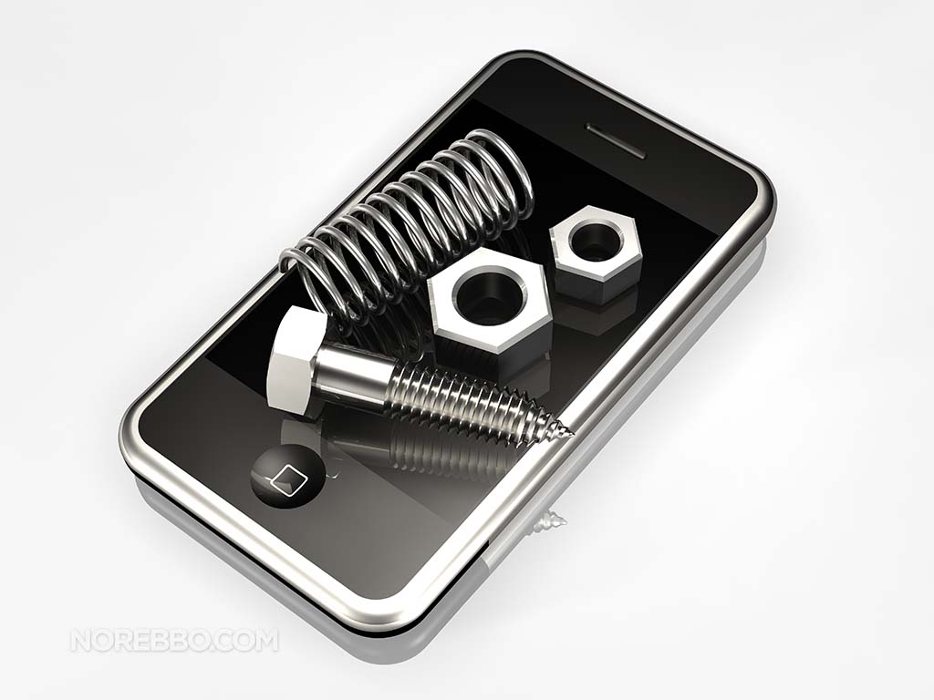 A large bolt, two screw nuts, and a spring sitting on top of an iPhone 3Gs