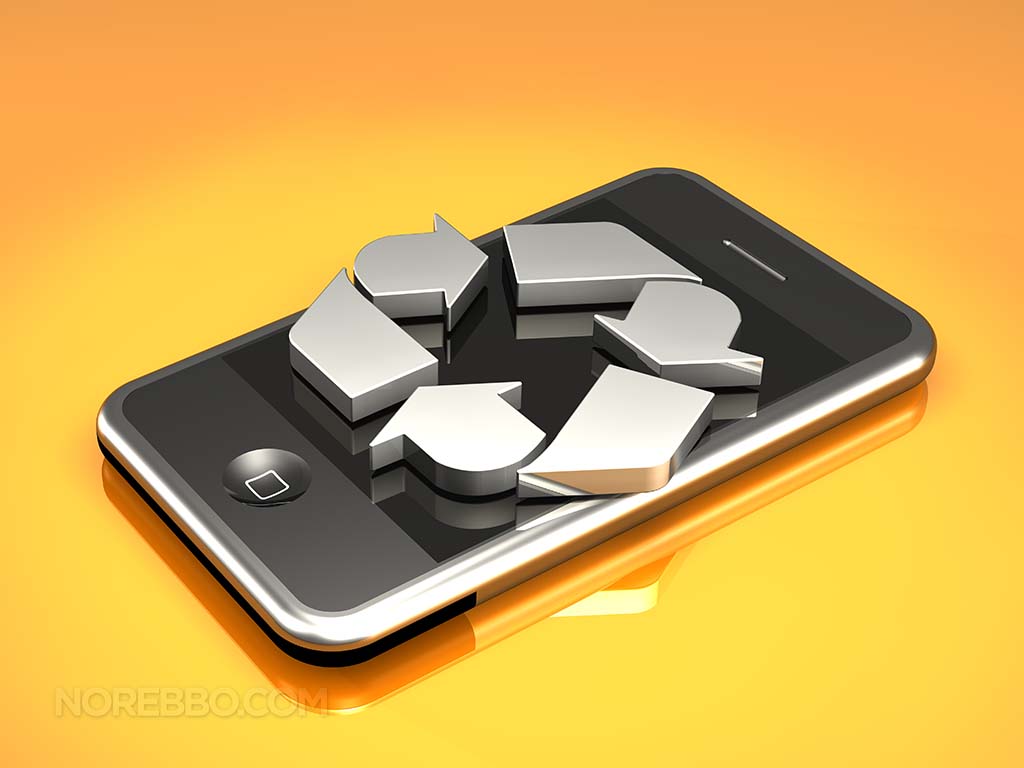 A silver 3d recycle logo on top of an iPhone 3Gs
