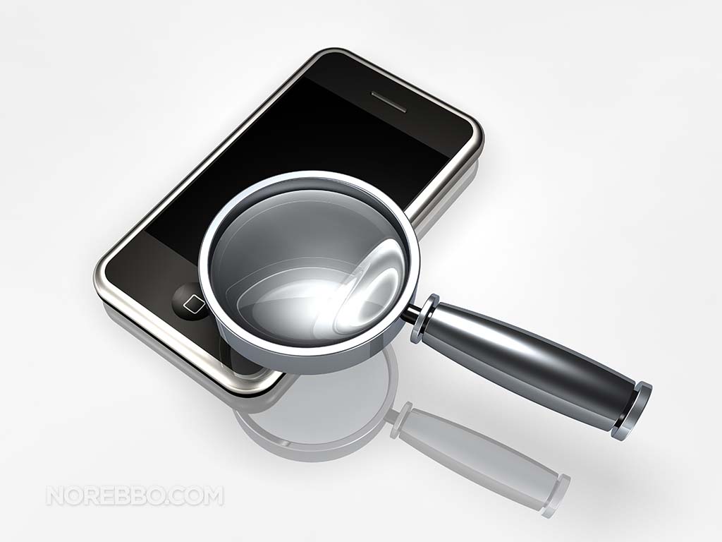 3d illustration of a metallic magnifying glass hovering over top of an iPhone 3Gs