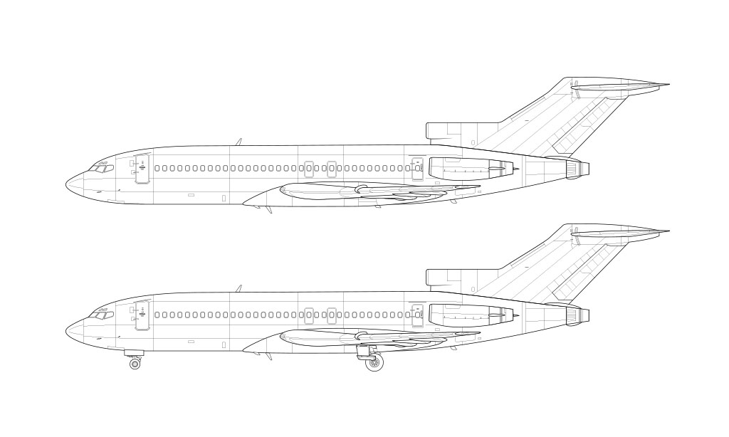 Technical side profile line drawing of a Boeing 727-100 over a blank background with and without the landing gear deployed