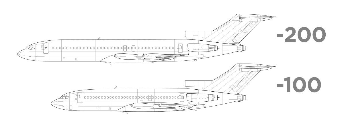 Visual comparison of the Boeing 727-100 and Boeing 727-200