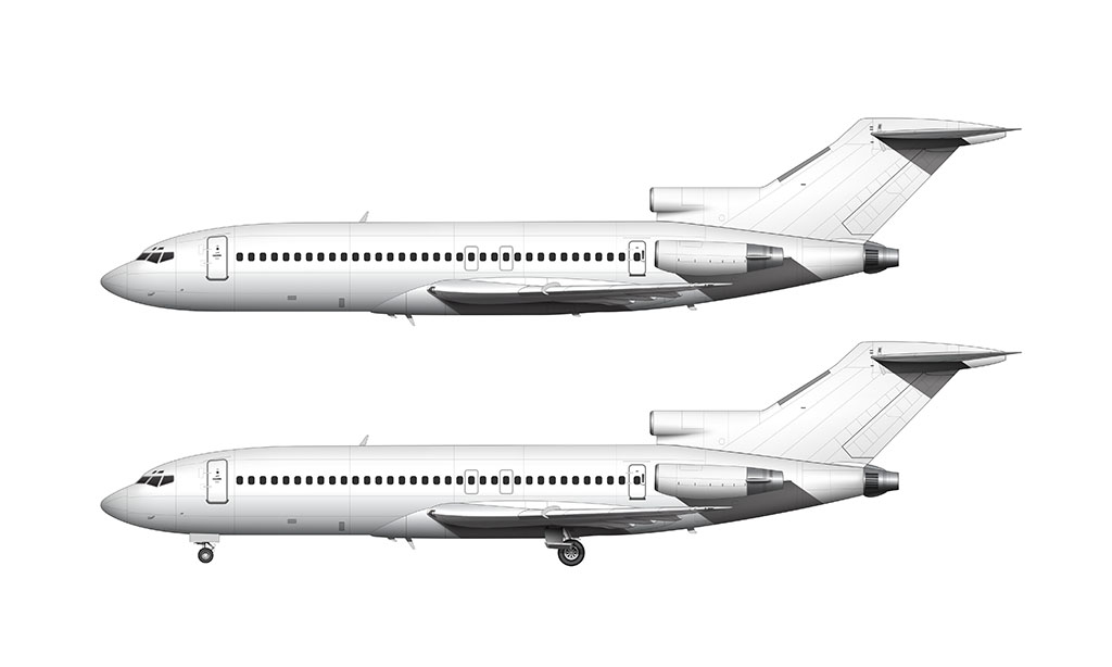 Side profile illustration of an all white Boeing 727-100 over a blank background with and without the landing gear deployed