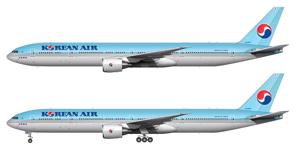 Side profile illustration of a Korean Air Boeing 777-3B5ER with and without the landing gears deployed over a blank background