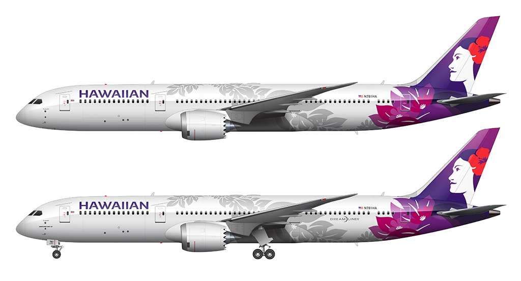 Side profile illustration of a Hawaiian Airlines Boeing 787-9 over a blank background with and without the landing gear deployed
