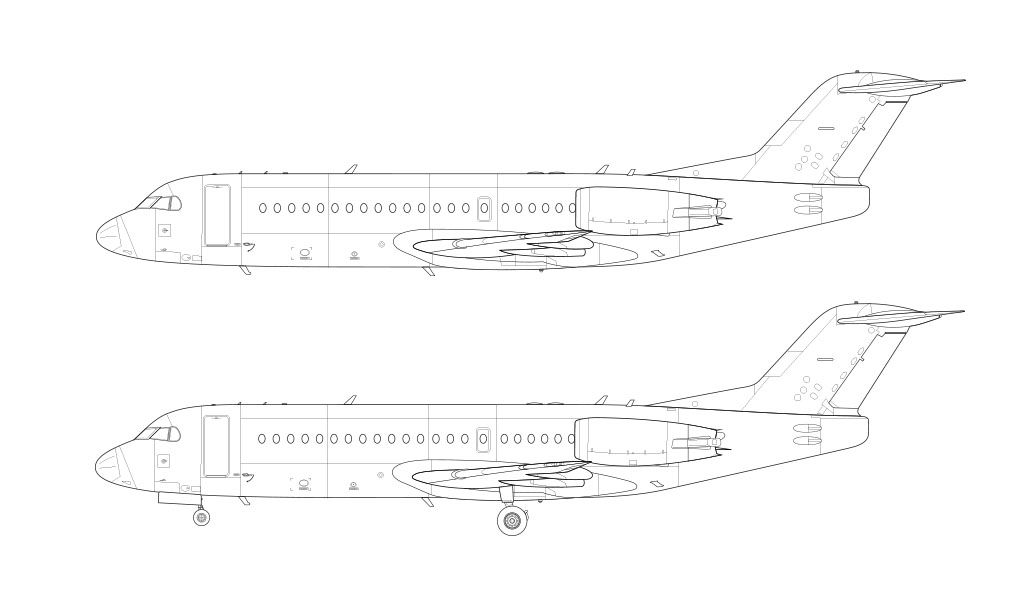 Technical side profile line drawing of a Fokker 70 over a blank background with and without the landing gear deployed