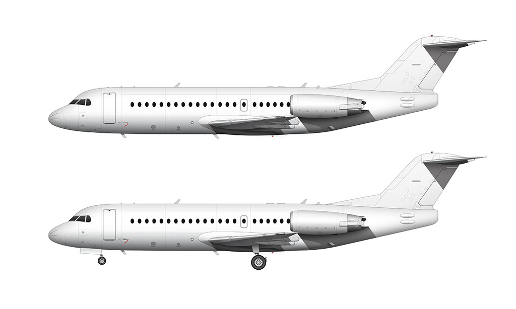 Side profile illustration of an all white Fokker 70 over a blank background with and without the landing gear deployed