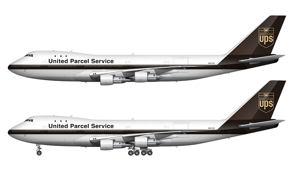 Side profile illustration of a United Parcel Service (UPS) Boeing 747-123(SF) over a blank background with and without the landing gear deployed