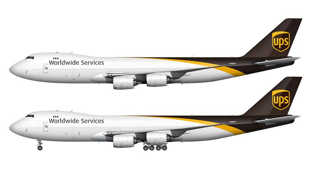 Side profile illustration of a United Parcel Service (UPS) Boeing 747-8F (freighter) in the 2014 livery over a blank background with and without the landing gear deployed