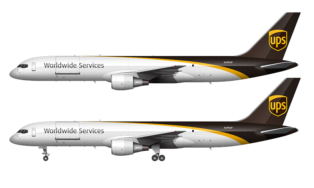 Side profile illustration of a United Parcel Service (UPS) Boeing 757-24APF (freighter) in the 2014 livery over a blank background with and without the landing gear deployed