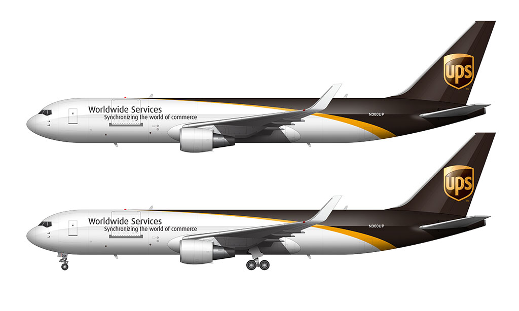 Side profile illustration of a United Parcel Service (UPS) Boeing 767-34AF/ER with winglets in the 2003 livery over a blank background with and without the landing gear deployed