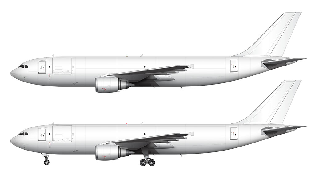 Side profile illustration of a white Airbus A300-600F featuring General Electric engines  over a blank background with and without the landing gear deployed