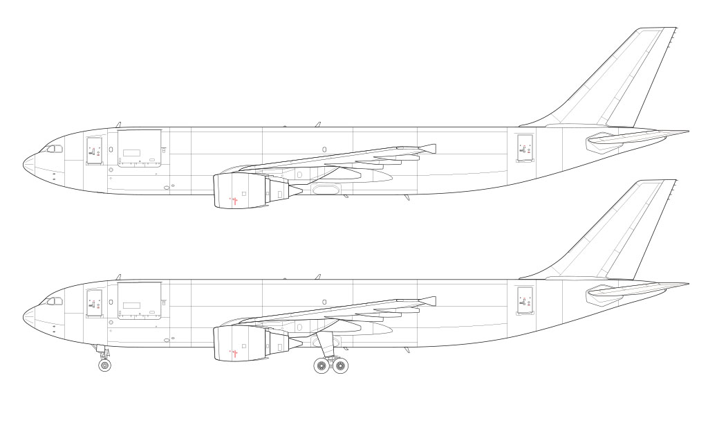 Technical side profile line drawing of an Airbus A300-600F over a blank background with and without the landing gear deployed