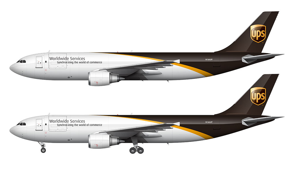 Side profile illustration of a United Parcel Service (UPS) Airbus A300-600F in the 2003 livery over a blank background with and without the landing gear deployed