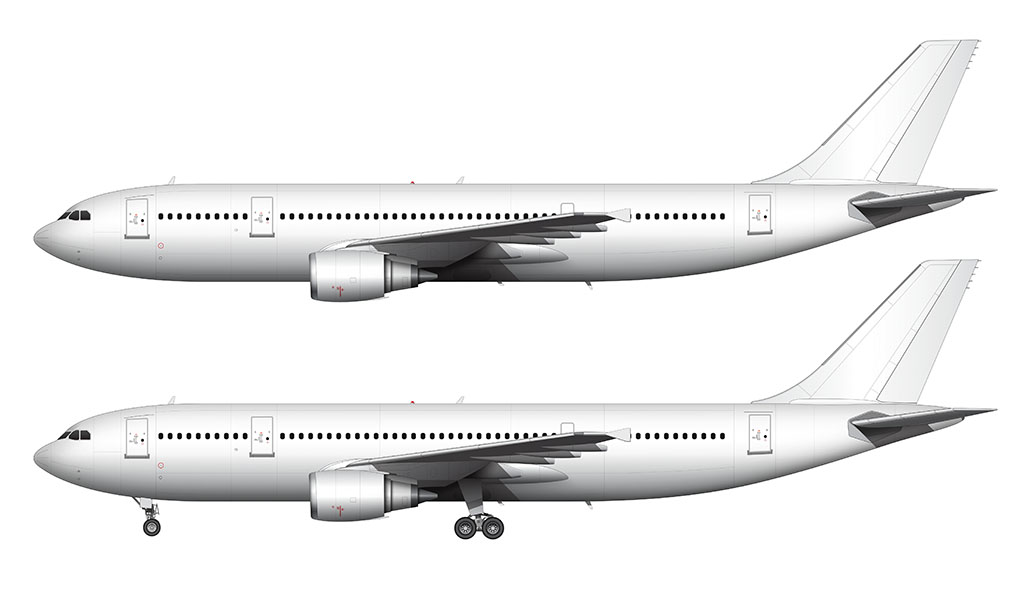 Side profile illustration of a white Airbus A300B4-600R featuring General Electric engines  over a blank background with and without the landing gear deployed