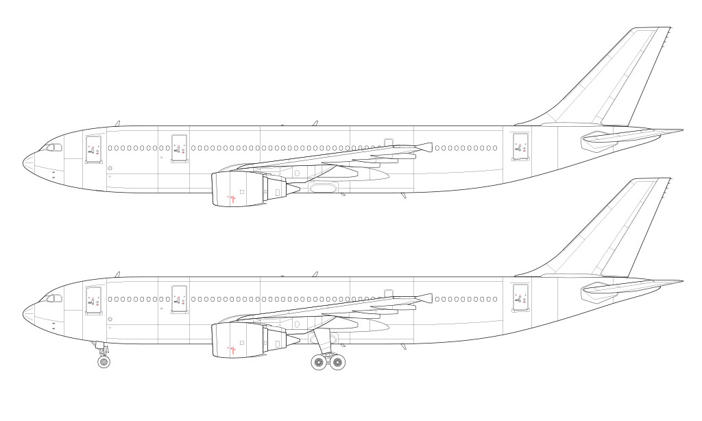 Technical side profile line drawing of an Airbus A300B4-600R featuring General Electric engines  over a white background with and without the landing gear deployed