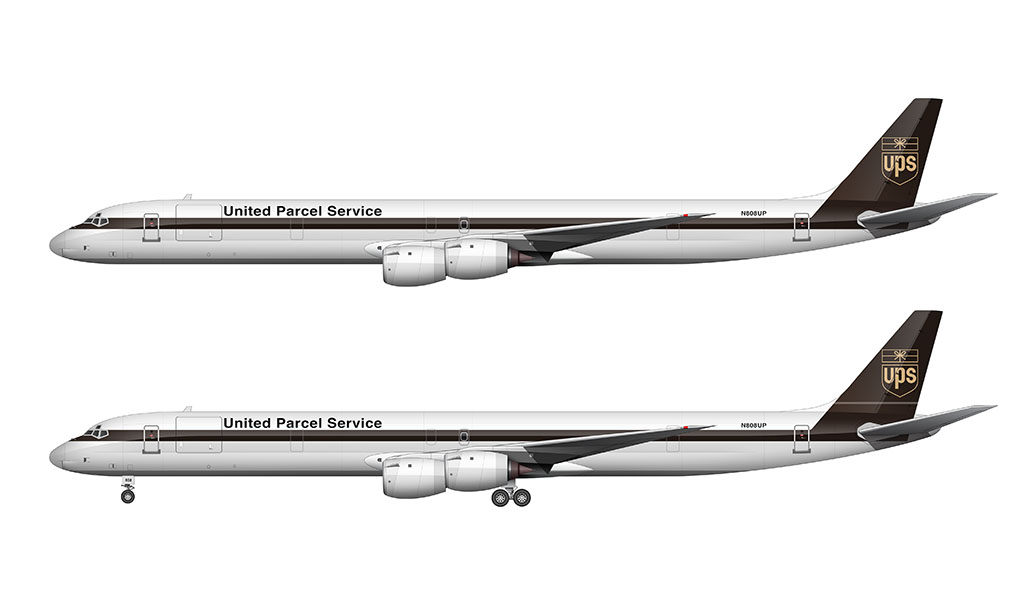 Side profile illustration of a United Parcel Service (UPS) Douglas DC-8-73AF  (freighter) over a blank background with and without the landing gear deployed