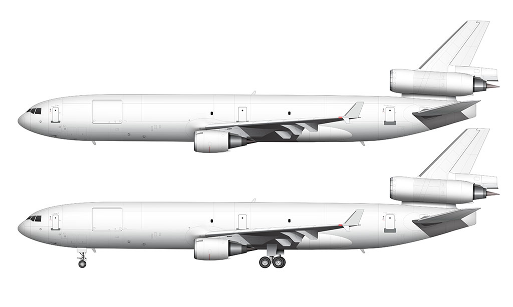 Side profile illustration of an all white McDonnell Douglas MD-11F (freighter) with and without the landing gear deployed over a blank background