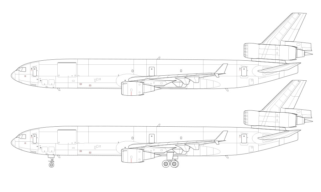 Technical side profile line drawing of a McDonnell Douglas MD-11F (freighter) over a blank background with and without the landing gear deployed