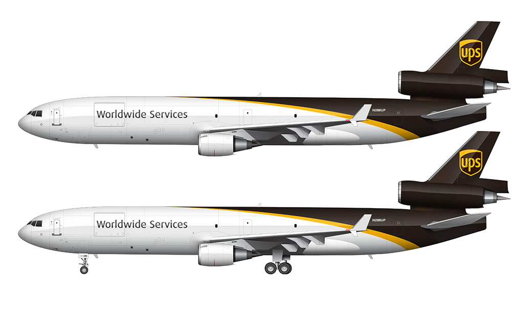 Side profile illustration of a United Parcel Service (UPS) MD-11F (freighter) in the 2014 livery with and without the landing gear deployed over a blank background