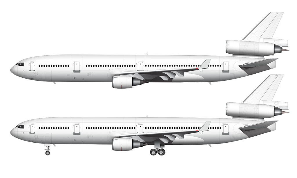 Side profile illustration of an all white McDonnell Douglas MD-11 with and without the landing gear deployed over a blank background