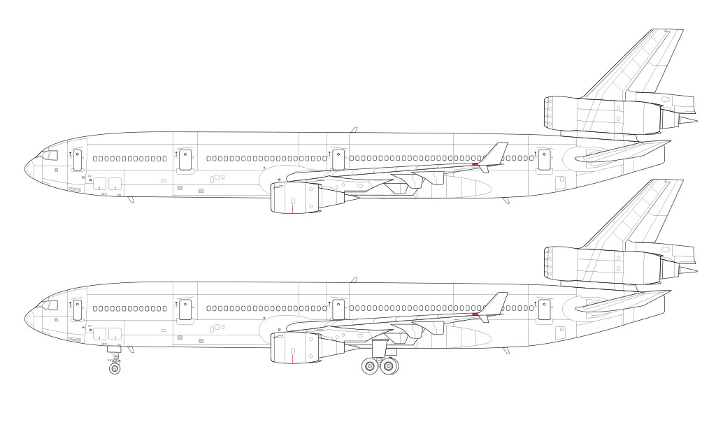 Technical side profile line drawing of a McDonnell Douglas MD-11 over a blank background with and without the landing gear deployed