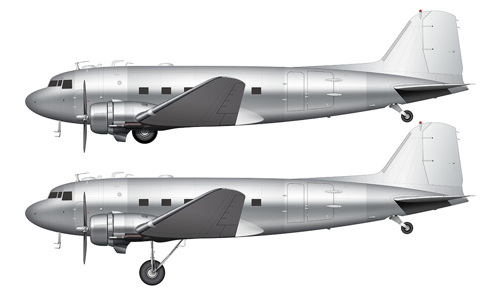 bare aluminum Douglas DC-3 side view