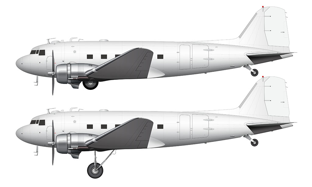 Side profile illustration of an all white Douglas DC-3 over a white background with and without the landing gear deployed