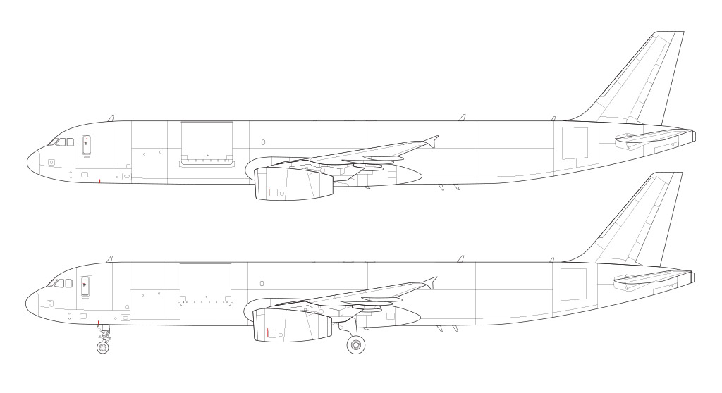 Technical side profile line drawing of an Airbus A321(P2F) / Passenger to Freighter Conversion over a blank background with and without the landing gear deployed