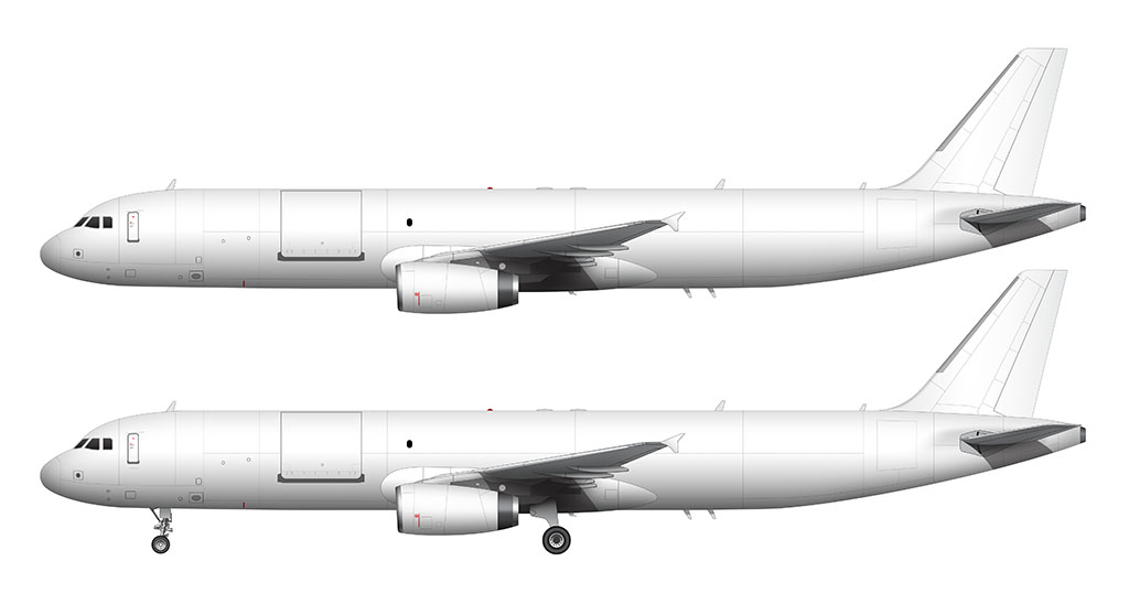 Side profile illustration of a white Airbus A321(P2F) / Passenger to Freighter Conversion over a blank background with and without the landing gear deployed