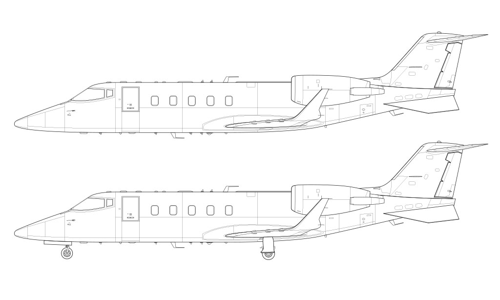 Technical side profile line drawing of a Learjet 60 business jet over a blank background with and without the landing gear deployed