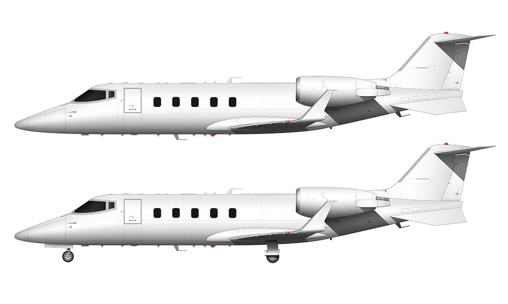 Side profile illustration of an all white Learjet 60 with and without the landing gear deployed over a blank background